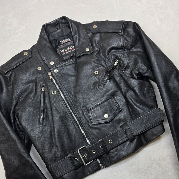 Vintage Wilsons Leather Motorcycle Jacket Womens Medium Black Thinsulate Cropped - Picture 7 of 16